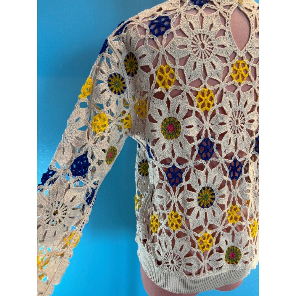Desigual Floral Crochet Pullover Top Open Boho Cotton Blend Keyhole Back XS - Picture 8 of 10